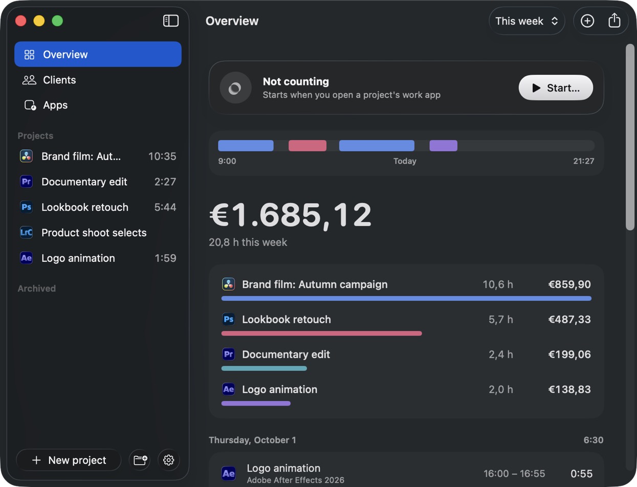 Paidtime's overview: this week's hours and earnings per client project.